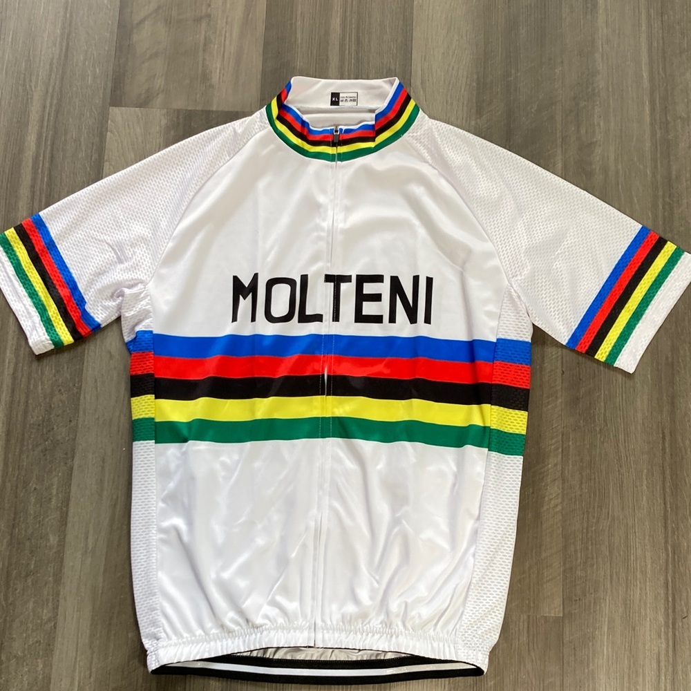 Molteni Retro Cycling Jersey with Multicolor Stripes Zip front short sleeves XL